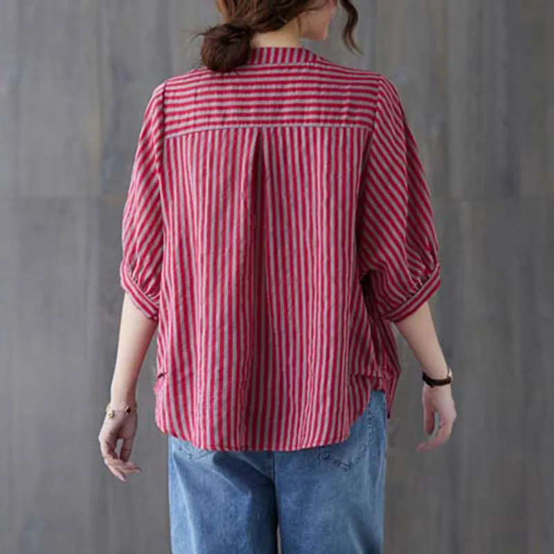 

Women Cotton Linen Casual Shirts New Arrival 2021 Summer Vintage Style Stand Collar Striped Loose Female Half Sleeve Tops B008