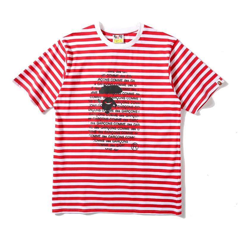 

2021 New Japanese Fashion Brand Combine Striped Bape Shark Head Letter Print Short-sleeve T-shirt Cotton