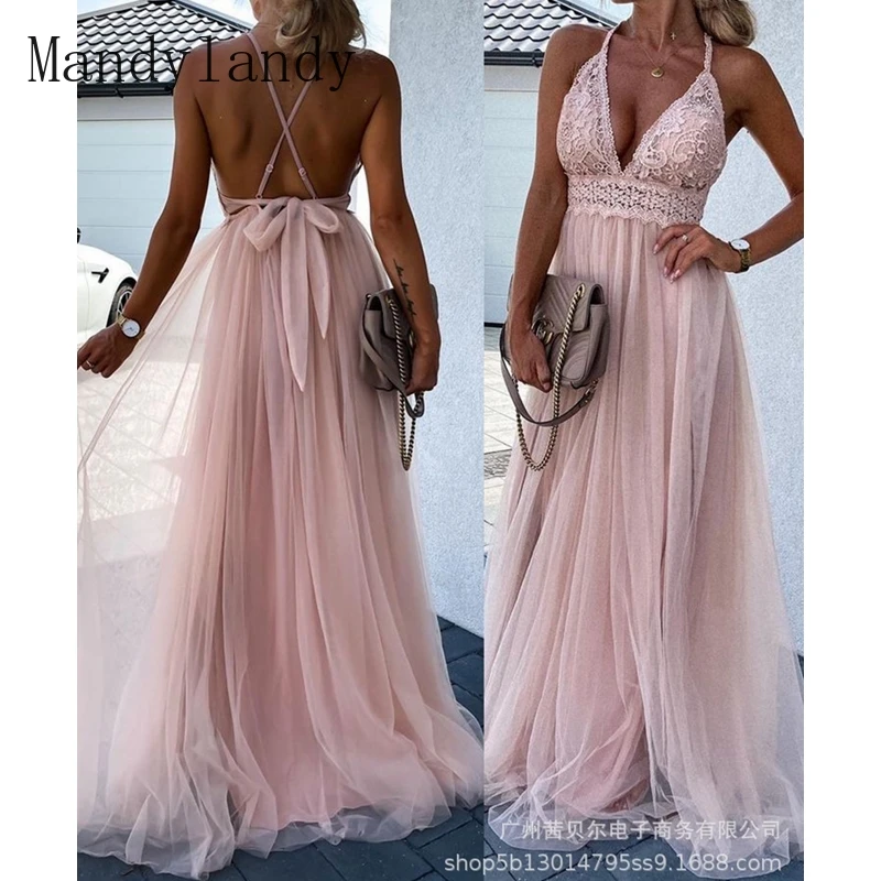 

Mandylandy Элегантное летнее платье с открытой спиной на бретельках с высокой талией женское сексуальное кружевное Сетчатое лоскутное платье н...