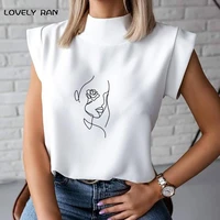 womens blouse thin abstract art rose face print o neck short sleeve white female casual shirt slim 2021 summer office lady tops