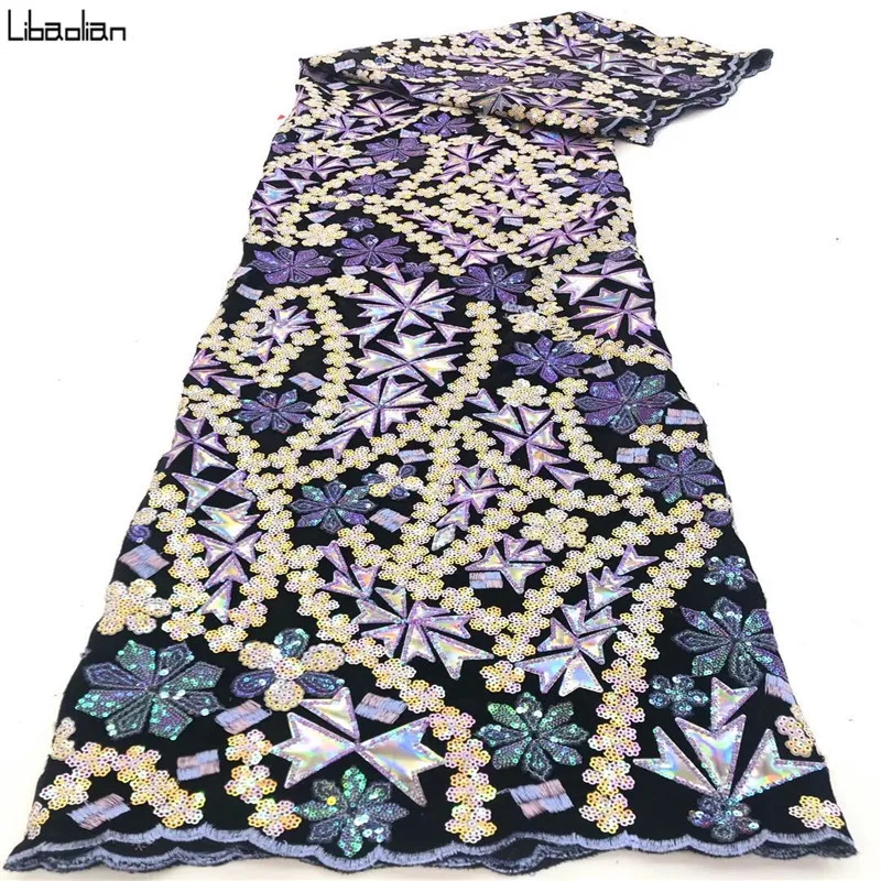 

African velvet lace fabric embroidered with Purple full sequins 5yards/pcs nigerian mesh laces fabrics for garment ZF210-15
