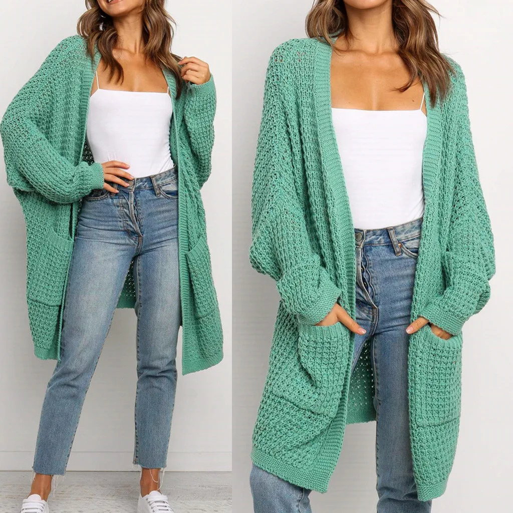 

Autumn Winter Womens Sweater Boho Patchwork Cardigan Knitted Loose Long Sleeve Open Front Knit Coat Pockets Fashion Sweaters