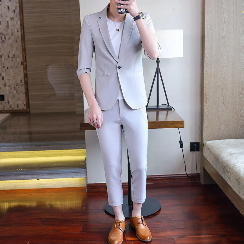 

2021 Men's Summer Thin Three-Quarter Sleeve Suit Youth Slim Fit British Style Handsome Casual Suit Two Pieces