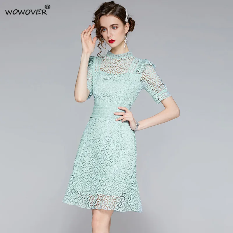 

Summer Women Hollow Out Sweet Pink Party Lace Dress Elegant Designer Fashion Short Sleeve Knee Length Celebrity Sexy Robe Femme