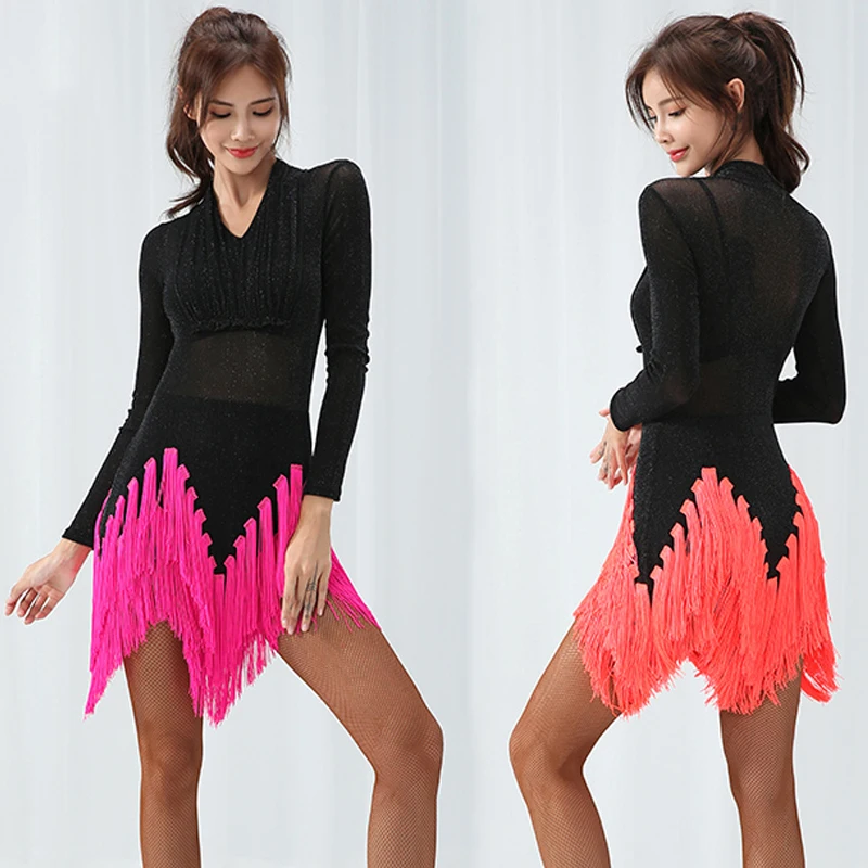 Блестящее платье для латиноамериканских танцев женское с блестками и бахромой