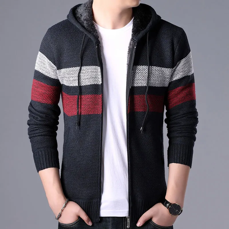 

2019 Sweater Men Casual Mens Sweater Winter Thick Warm Hooded Cardigan Jumpers Men Striped Cashmere Wool Zipper Fleece Coats Men