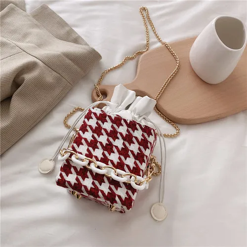 

Fashion Houndstooth WOOL Chain Shoulder Bag Bucket Bag Luxury Handbags Women Bags Designer SAC a Main Crossbody Bags for Women