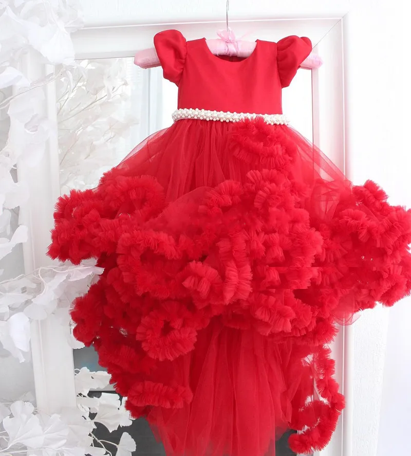 

Red Cloud Tulle High Low Flower Girl Dresses Kids Pageant Gowns Children Birthday Party Prom Dresses