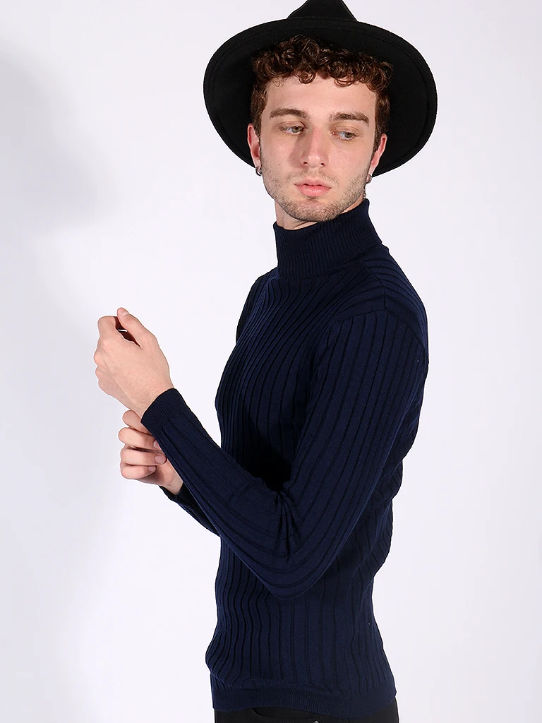 

Turtleneck Navy Blue Mens Ribbed Knitwear Sweater