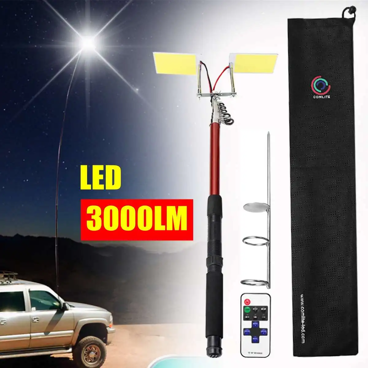 

12V Adjustable Telescopic LED Fishing Rod Outdoor Lantern Light Remote Control Camping Hiking BBQ Travel Lamp Road 3.75M