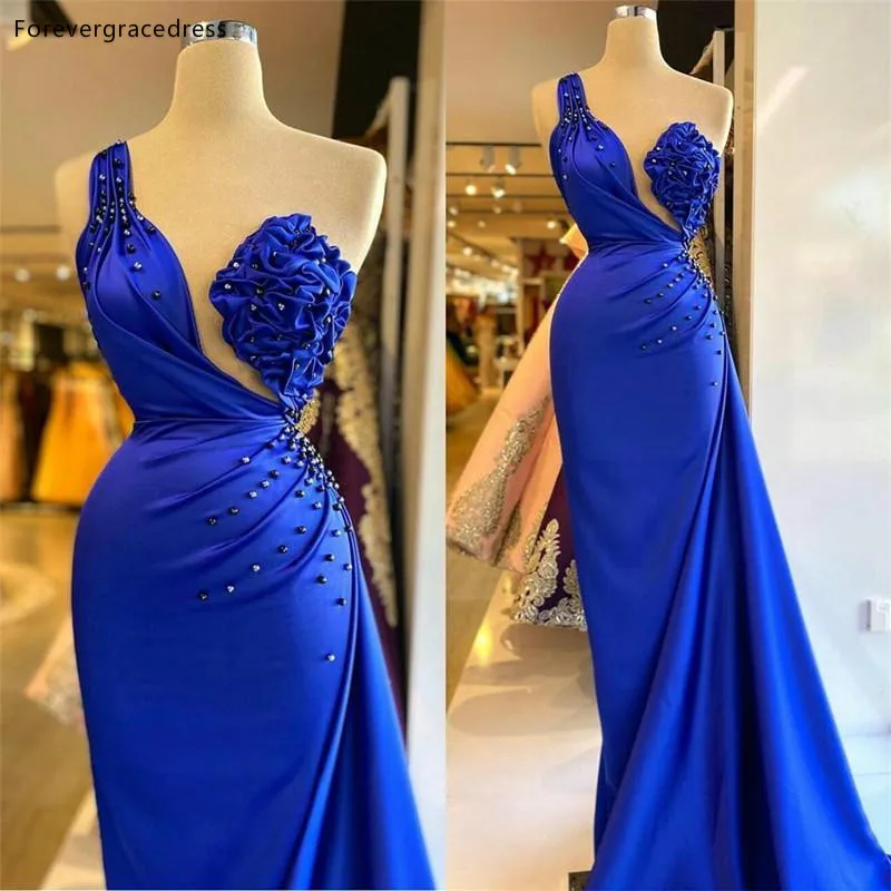 

Royal Blue Beaded Prom Dresses One Shoulder Occasion Event Wear Party Gowns Custom Made Plus Size Available