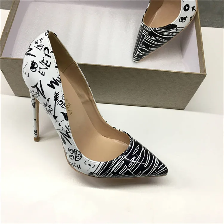 

Graffiti Elegant Single Shoes 12cm High Heel Ladies Party Shoes Brand Fashion New Pointed High-heeled Exquisite Black and White