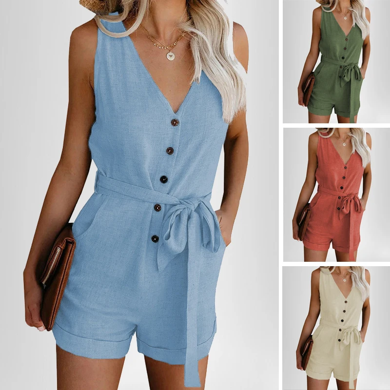Jumpsuit Women Summer Clothes Off Shoulder Belted Tunic Sleeveles Playsuit Solid Casual V Neck Short Jumpsuits 2021 Plus Size