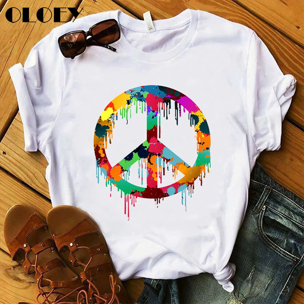 Футболка женская с рисунком брызг и надписью Peace топ радужным графическим