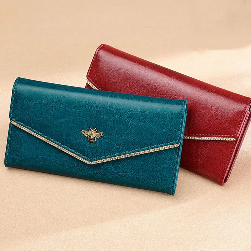 

Women's Wallet Genuine Leather Purse Long Type Clutch Bag RFID Blocking Credit Card Holder Three Fold Hasp Money Bag