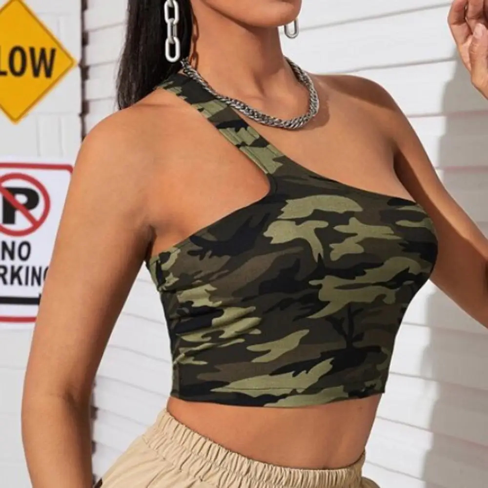 Модный женский Камуфляжный укороченный топ с лямкой на шее летняя повседневная