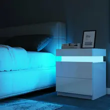 Modern RGB LED Night Table with 2 Drawers Organizer Storage Cabinet Bedside Table Home Bedroom Furniture Nightstands for Night