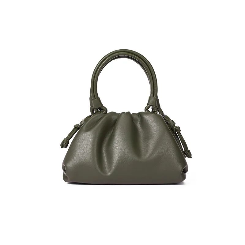 women handbag cowhide Shoulder bag fashion pleated cloud bag - Цвет: green