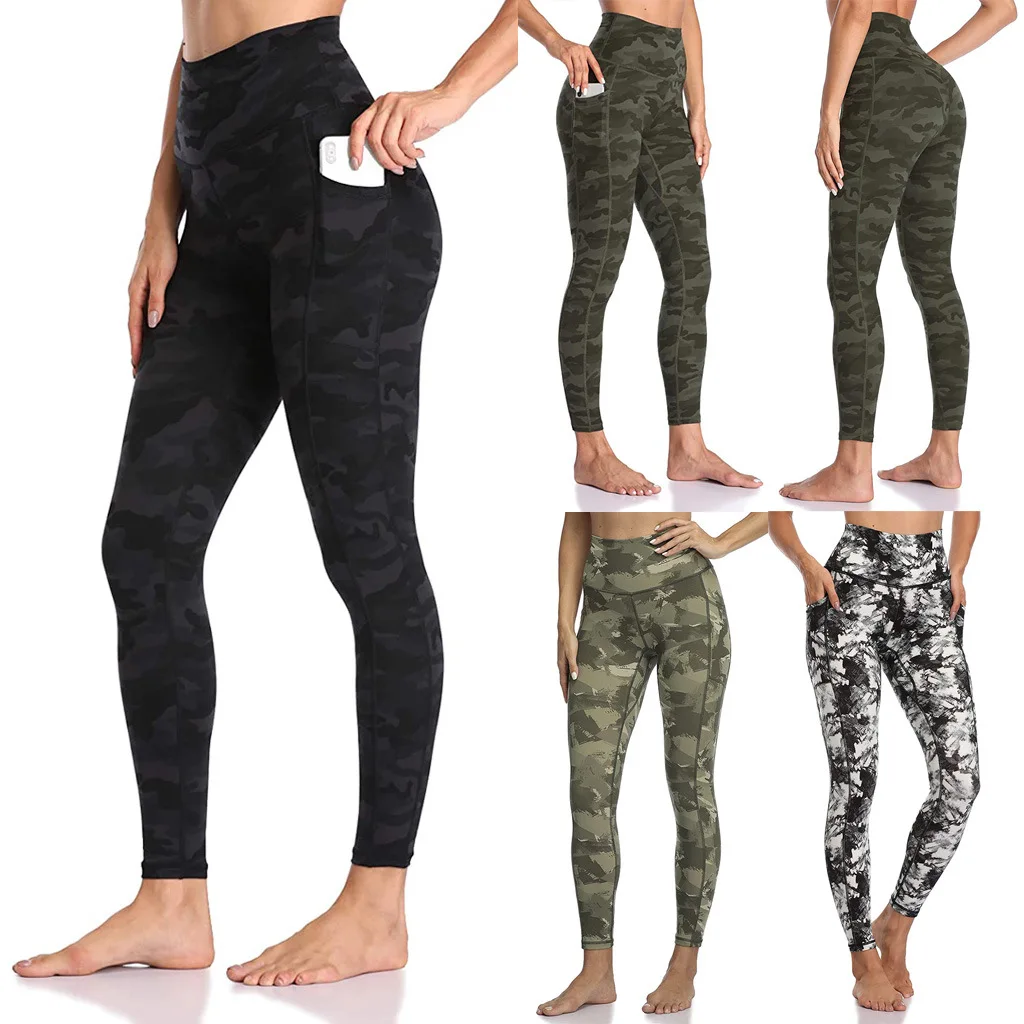 

2021 Camouflage Yoga Pants with Pockets For Women Sexy Yoga Women Leggings High Waist Elastic Push Up Ankle Length