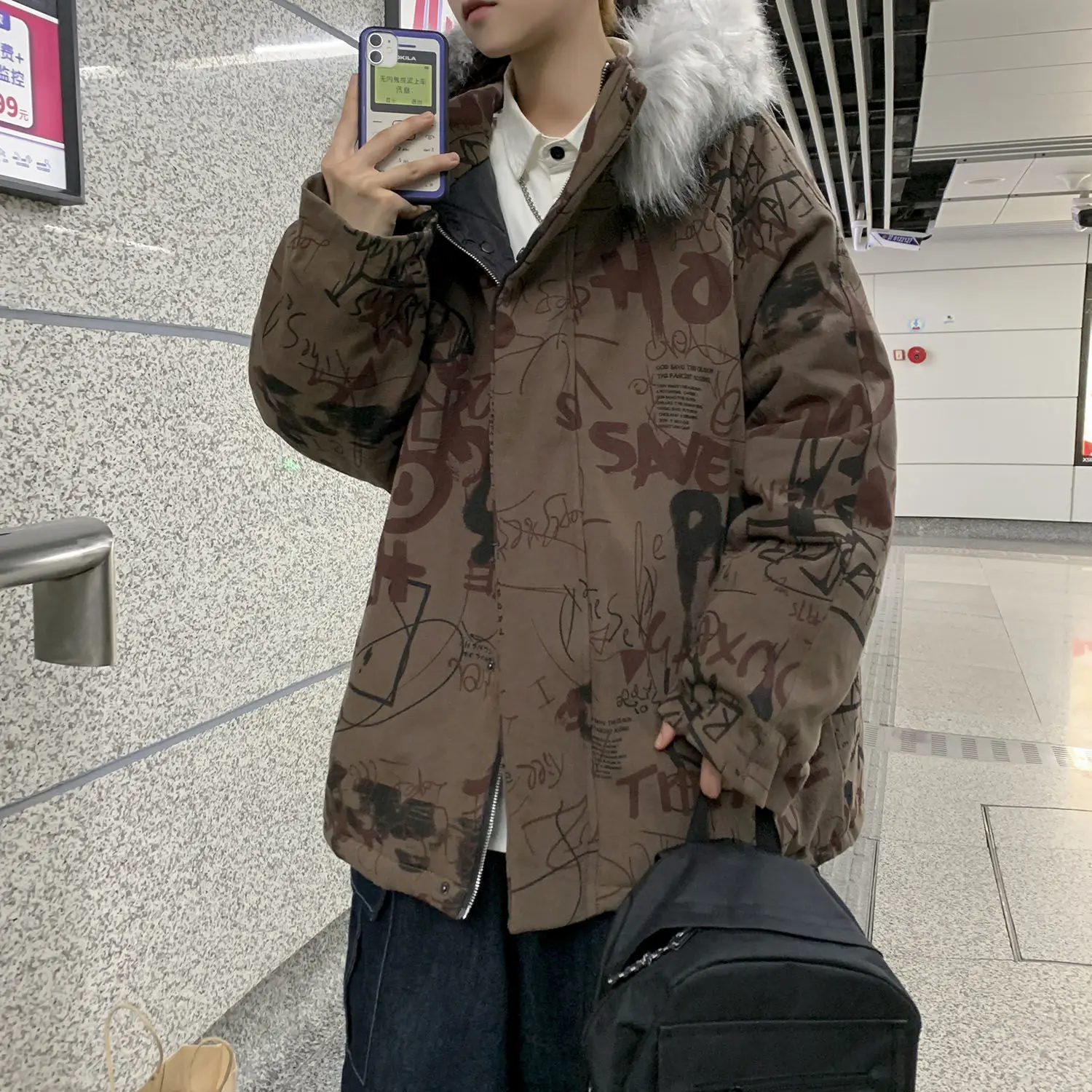 

Мужская зимняя стеганая куртка с принтом граффити, Корейская версия