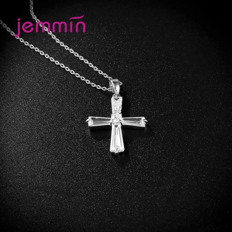 Popular 925 Sterling Silver Necklace Simple Clear Cubic Zircon Inlay Paved Cross Pendant/Chain Religious Style Hip Hop Jewelry | Украшения