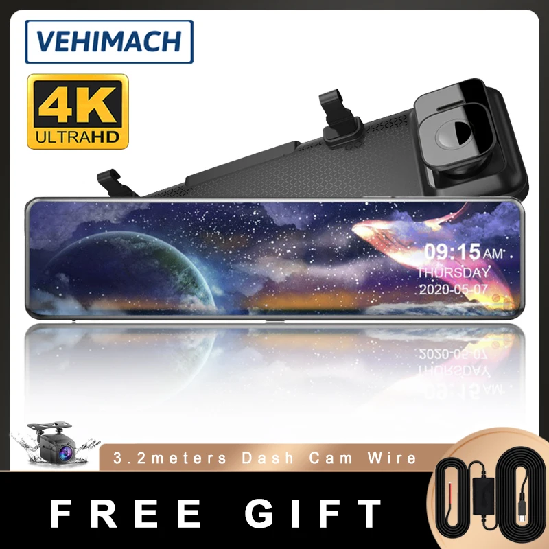 Автомобильный двойной видеорегистратор 4K GPS 12 ''сенсорный зеркальная камера