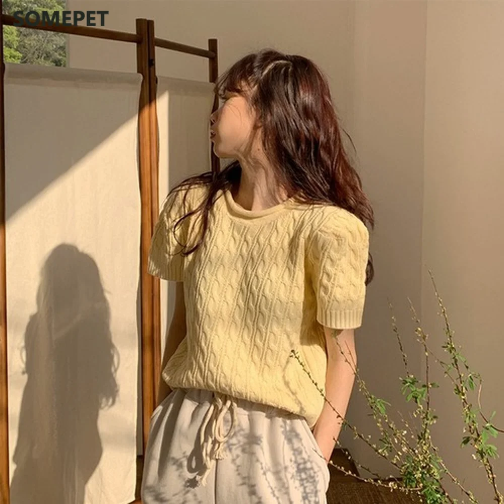 Шикарный вязаный свитер футболка корейский пуловер с коротким рукавом топ