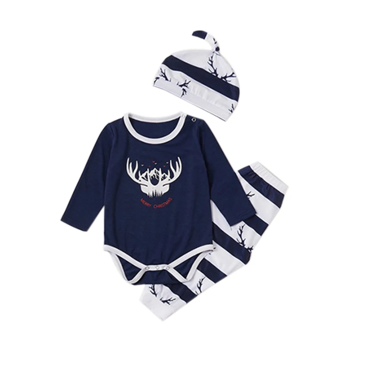 

Christmas Parent-child pajamas Set Neck Cartoon Animal Letter Print Pullover Romper + Trousers + Hat Sleepwear Set