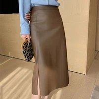pu leather solid skirts long women mid calf side slit clothing design simple elegant office lady streetwear leisure skirt