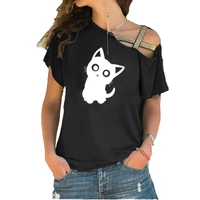 cute cartoon kitten pet cat print women t shirt summer cotton woman irregular skew cross tops