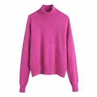 fashion rose red basic stand collar womens pullover sweater new elegant long sleeve warm knitted casual tops