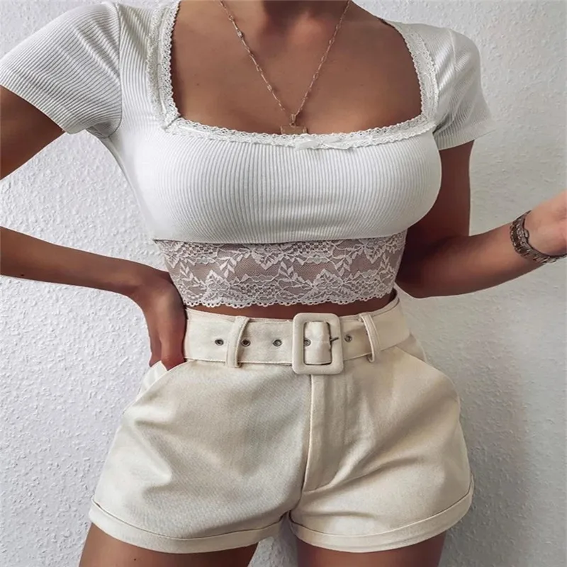 

Women Bow Crop Top Short Sleeve Square Collar Lace Pullover Summer Sexy Solid Color Clothes Tight Plain T-shirt