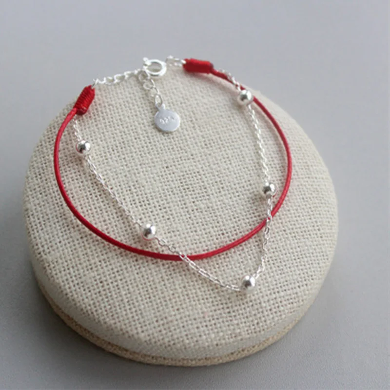 AIFENAO 925 Sterling Silver Chain Beads Anklets for Women Foot  Jewelry Barefoot Sandals Red Rope Ankle Bracelet Girl Gift NEW