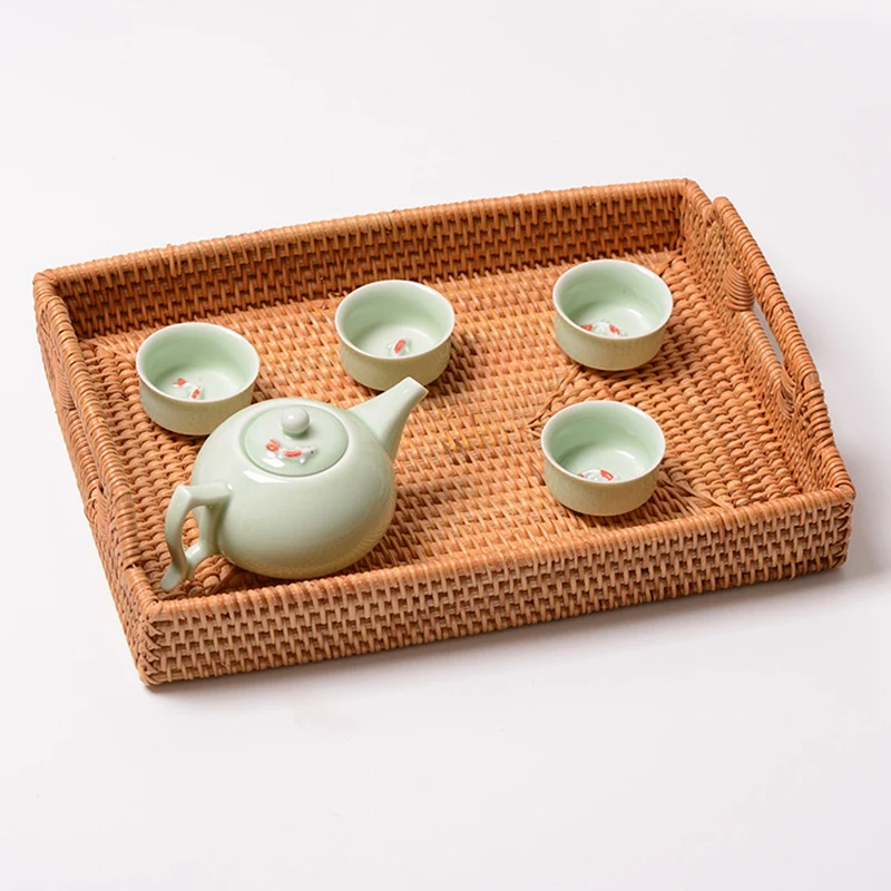 Rattan Woven Storage Fruit Basket Candy Snack Plate Cutlery Tray with Breakfast Bed Bar Dinner Rectangular | Дом и сад