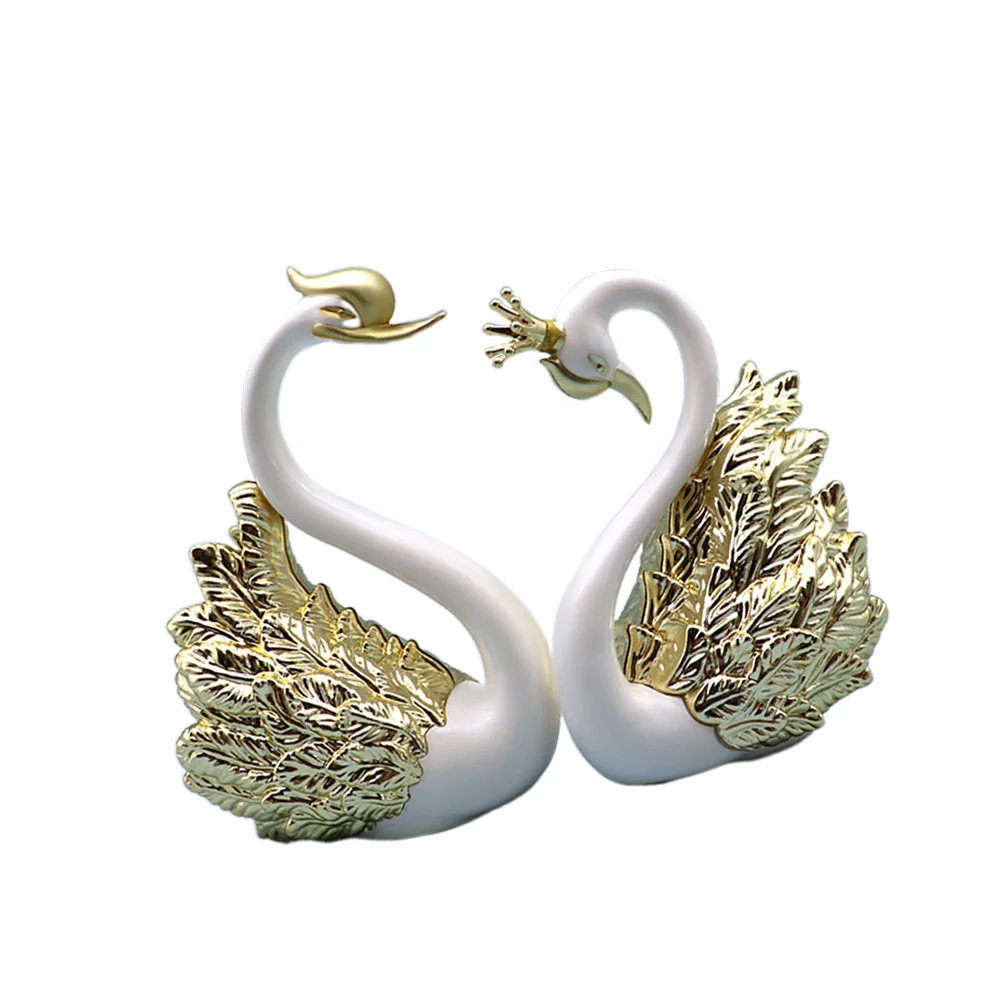 

2 Pcs Swan and Crown Swan Sculpture Creative Cake Figurine Decoration Desktop Adornment Car Ornament (Golden)