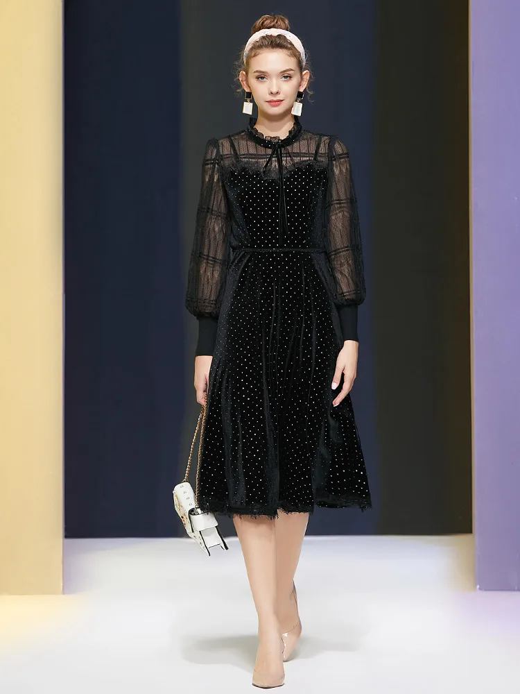 

2021 New Style Fashion Velvet Lace Bronzing Long Sleeved Party Evening Dress for Women