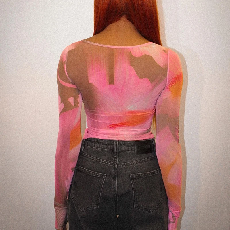 

Tie Dye Printed See Through Summer Long Sleeve Women's Mesh T-Shirt Fashion Y2k Crop Top For Girls 2021Chic Tee Shirt Outfits