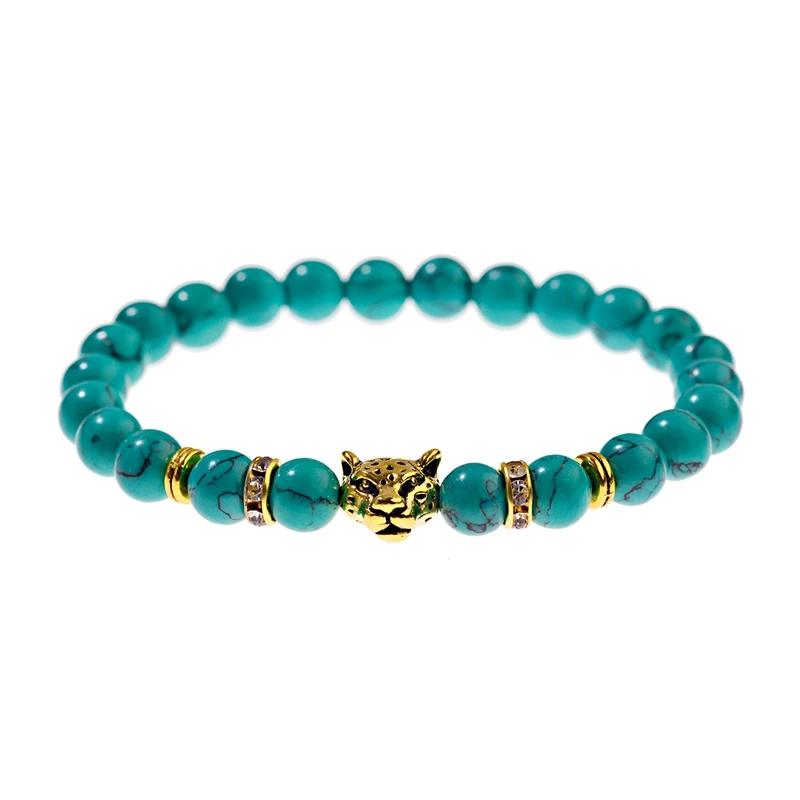AB128-2 TopHanqi чакра натуральный Лава Оникс Камень выветривание браслет для мужчин женщин Винтаж золотые бусины в форме головы леопарда шарм браслеты ювелирные изделия подарок - Окраска металла: AB128-2