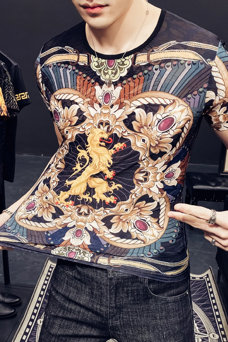 

Retro 2021 Luxury Print T Shirt Men Streetwear Short Sleeve Tops Fashion Summer Funny T Shirts Ice Silk Breathable O-neck Tees