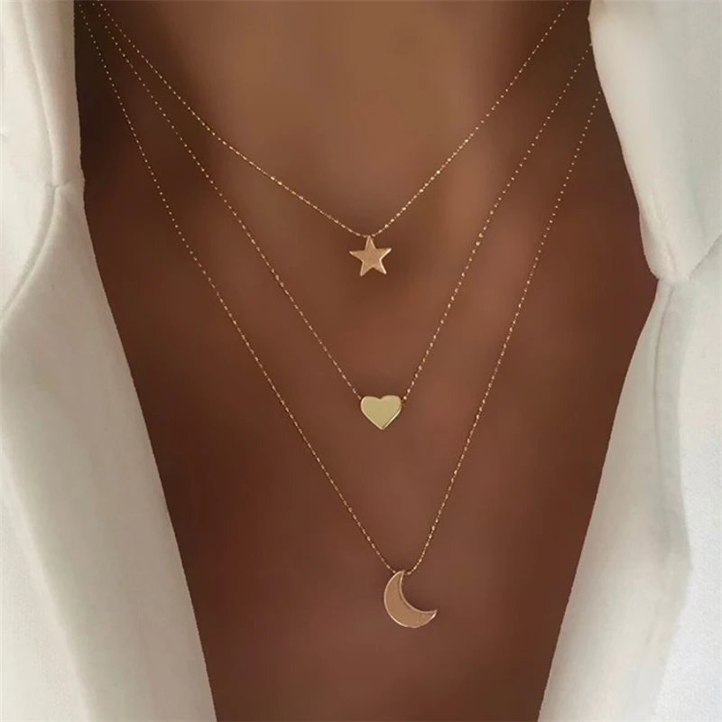 

Ailodo Vintage Moon Star Heart Pendant Necklace For Women Gold Color Multilayer Party Wedding Necklace Collar Fashion Jewelry