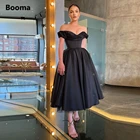 Женское платье с открытыми плечами Booma, Черное короткое ТРАПЕЦИЕВИДНОЕ ПЛАТЬЕ до середины икры из тафты с рюшами для выпускного вечера
