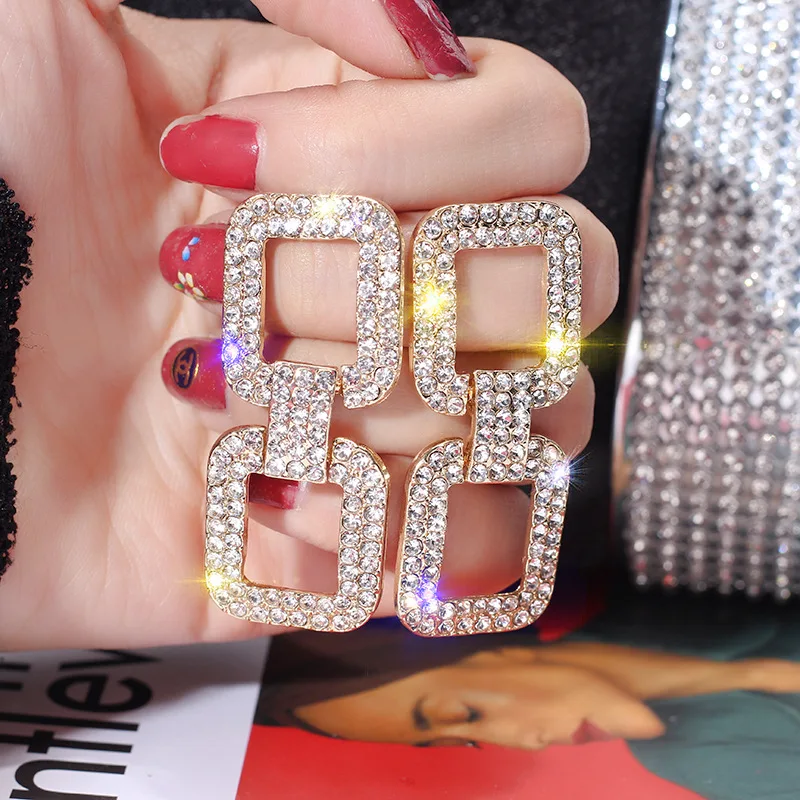 

Classic 2 layers Block Women Earrings Pendants Full Rhinestone Shining Golden Silvery Luxurious Wedding Party Ear nail