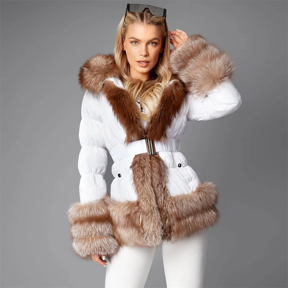 Enlarge FURSARCAR Women's Winter Coat Warm Down Hooded Jacket  Furry Real Fur Collar White Duck Down Contrast Color Jackets Female