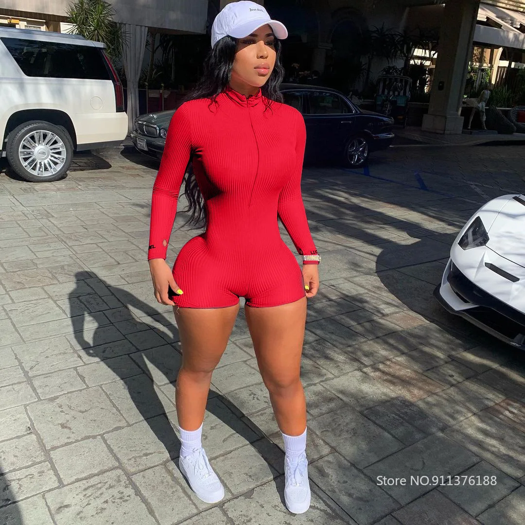 

Women's Summer Streetwear Knitted Ribbed Playsuit Sexy Front Zipper Long Sleeve Biker Short Jumpsuit Female One Piece Overall