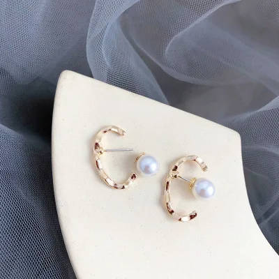 2 AOMU Korean Chic Style S925 Sterling Silver Pin Gold Metal Curved Wave Line Pearl Circle Earrings for Women Girl Jewelry Set - Окраска металла: 2