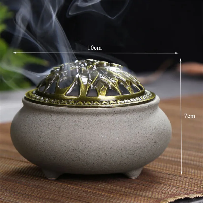 

Antique Ceramic Incense Burner Sandalwood Coil Incense Holder Copper Cover Buddha Home Use Incensario Teahouse Decor EB5XX