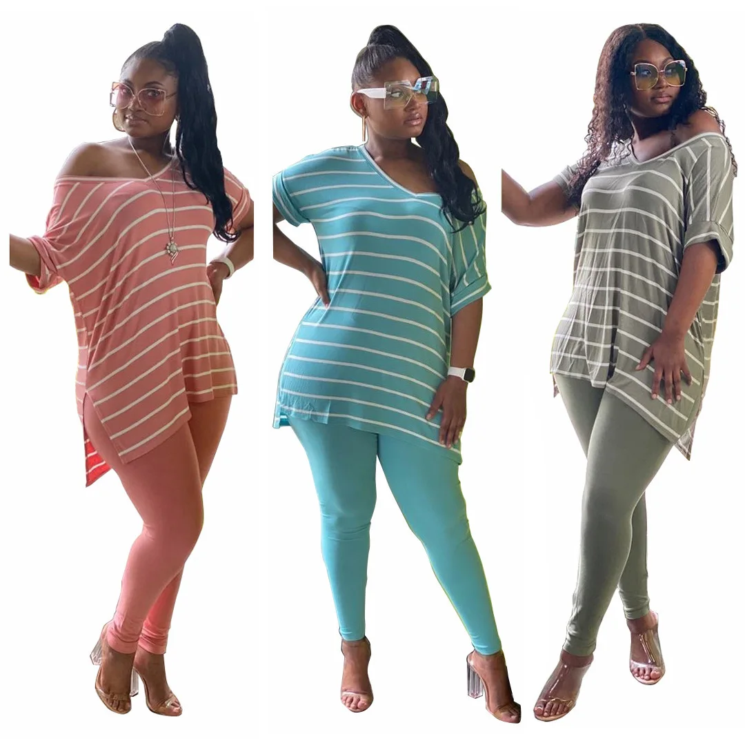 

Plus Size Women Clothing Two Piece Set Short-Sleeved Tops for Women Solid Stripe Sports Plus Size Sets Casual Trousers Suits