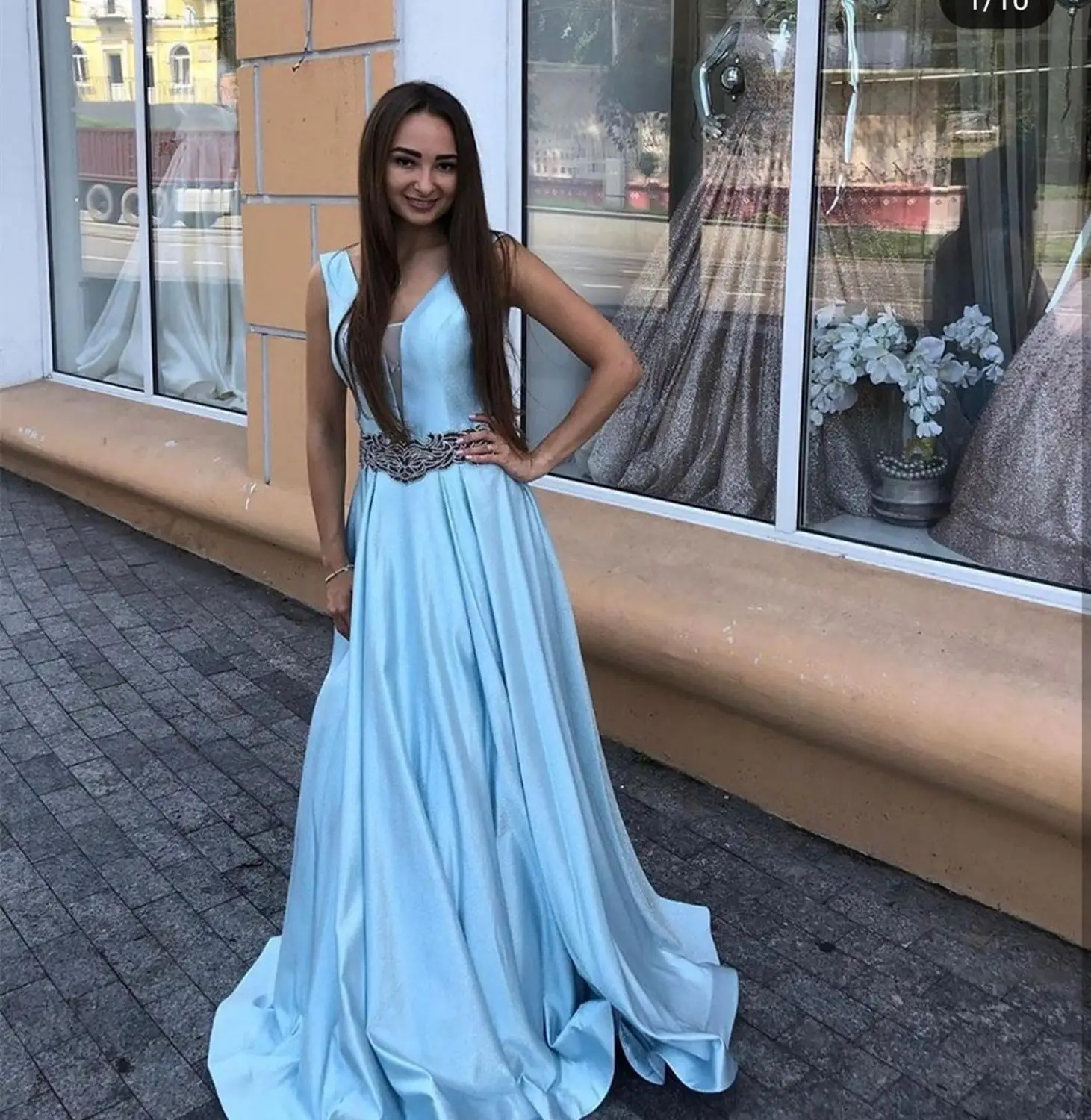 

2020 a-line prom dress sky blue satin floor length women party gown with belt vestido de graduacion cortos custom made formal