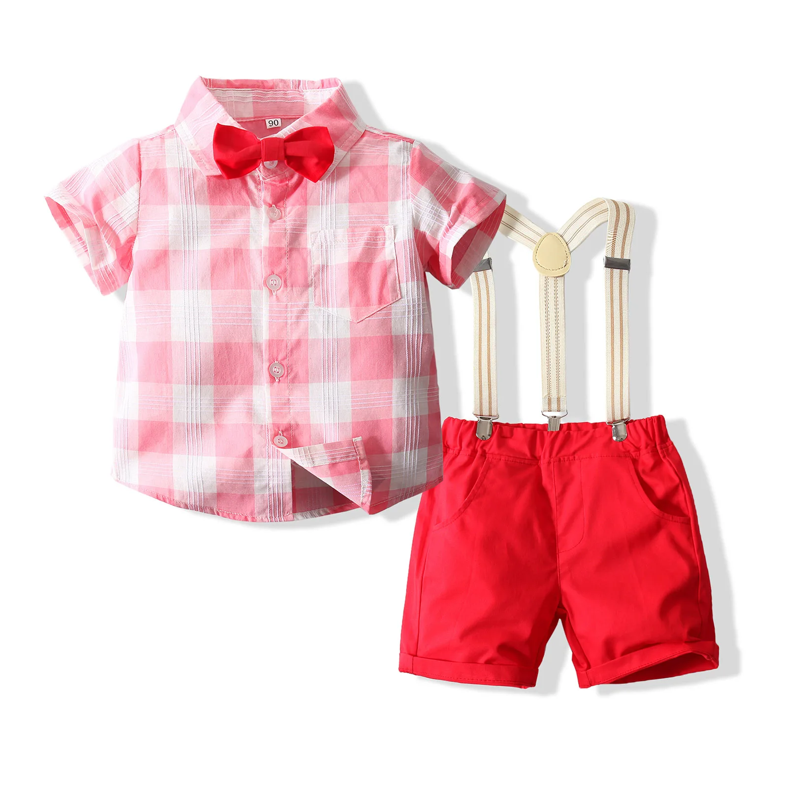 

Summer Boys Short Sleeve Pink Set Casual Cotton Kids Clothing Plaid Shirt + Shorts + Belt Children Costume 2- 6 Years