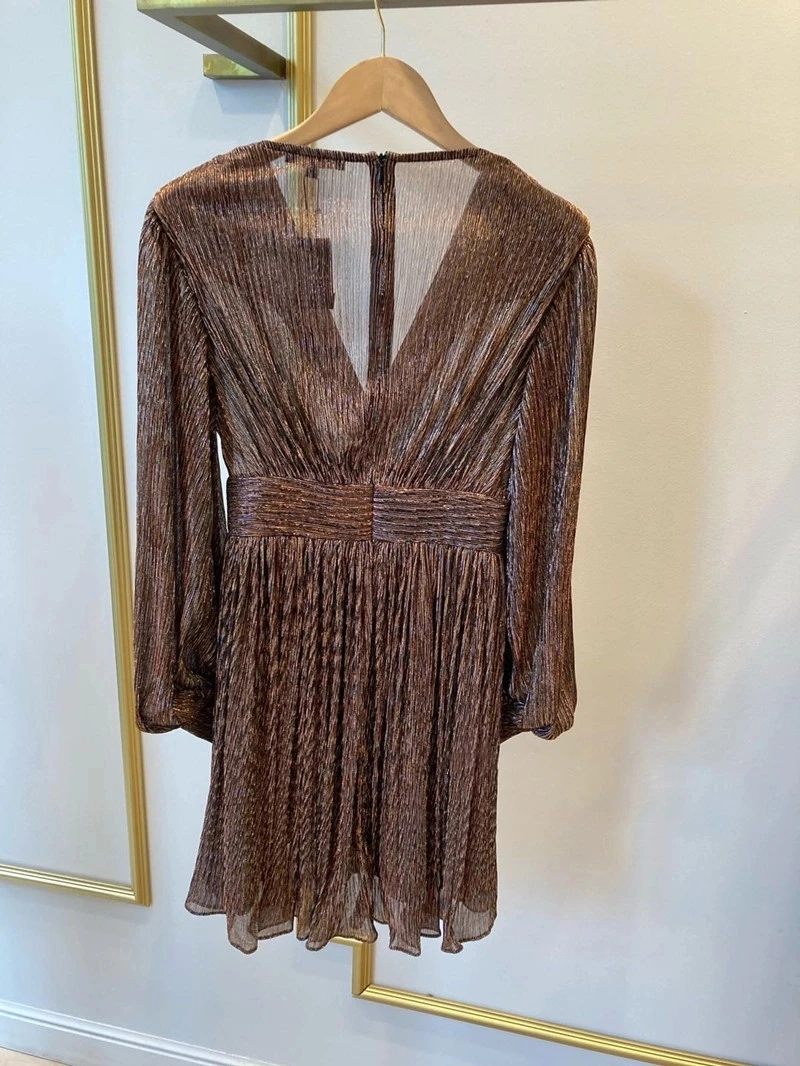 

Women's bright silk puff sleeve dress French brand deep V neck high waist sexy party dress women